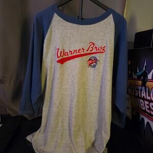 Vintage Warner Bros Raglan 3/4 Sleeve Shirt Baseball Tee Gray Blue Size L